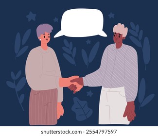 Cartoon vector illustration of Business people shaking hands over dark background