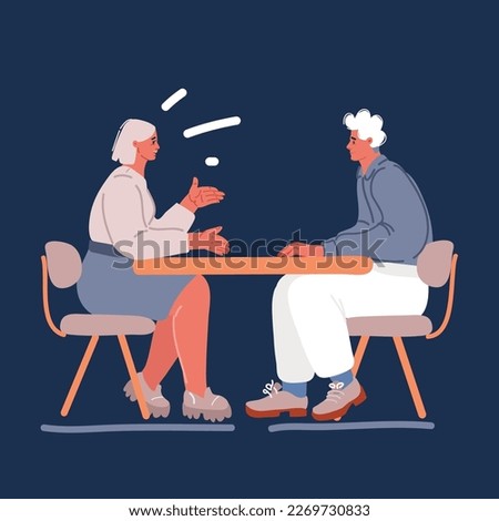 Cartoon vector illustration of business people are sitting at the table while they discussion the project, interview. Man woman people communicate to each other over dark background