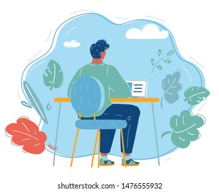 Cartoon vector illustration of Business person working on computer. Businessman sitting on a chair behind the office. Character isolated on blue background.