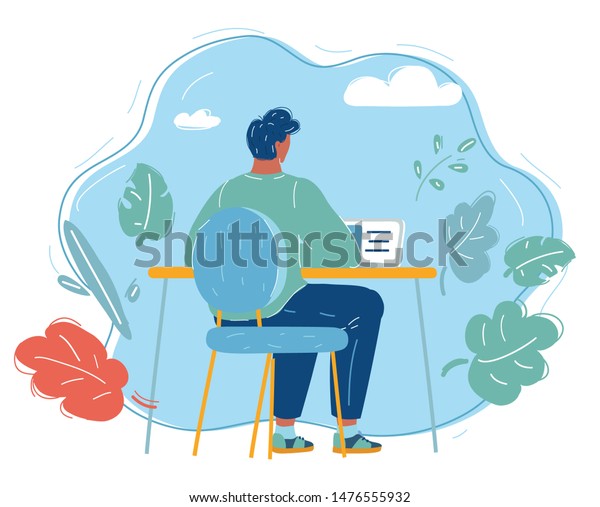 コンピューターで作業しているビジネスマンの漫画のベクターイラスト 事務所の後ろの椅子に座っている実業家 青の背景に文字 のベクター画像素材 ロイヤリティフリー