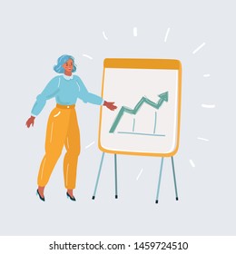 Cartoon vector illustration of Business plan explained on flipchart. Woman make a presentation. Human character on white isolated background.