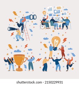 Cartoon vector illustration of Business startup work moments concept. Team in work and winning, Team, teamwork, Idea, winner, research, investigations, inclusion of people with disabilities