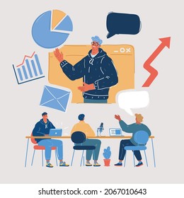 Cartoon vector illustration of Business Team Brainstorming Using Tablet Meeting Concept