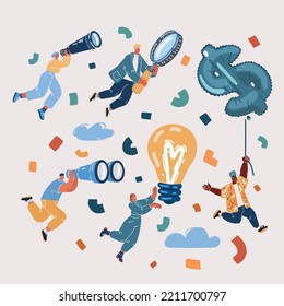 Cartoon vector illustration of Business Vision, Future Strategy Team Spirit Concept. Business People Characters Flying on Paper Planes. Man Looking for New Idea with Telescope for Website