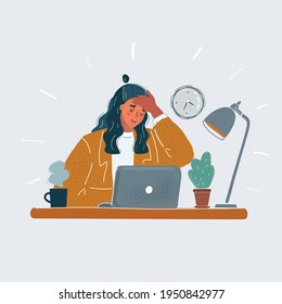 Cartoon vector illustration of business woman tiered and sick in office. Female character sitting at desk and laptop on white background.