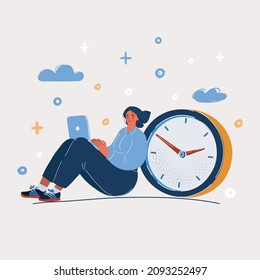 Cartoon vector illustration of Business woman work near clock. Deadline is coming