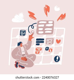 Cartoon vector illustration of Business woman scheduling appointments in calendar application. Checking meeting event reminders in planning app near big desk calendar.