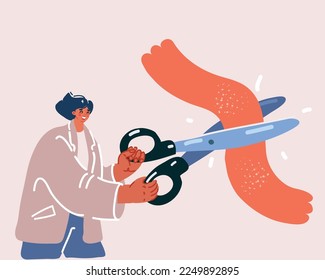 Cartoon vector illustration of Business woman cutting red ribbon close-up, new project, opening ceremony.
