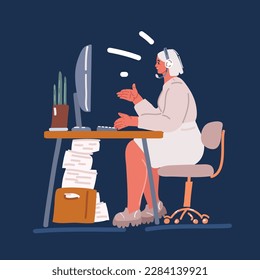 Cartoon vector illustration of business woman talking with a colleague or worker at the office over dark backround