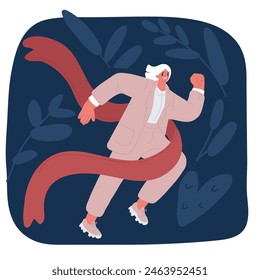 Cartoon vector illustration of business woman crossing the finish line and tearing the red ribbon over dark backround