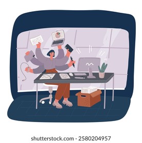Cartoon vector illustration of Business woman with many arms sitting at her laptop in office doing many tasks at the same time. Multitasking skills, effective time management and productivity concept