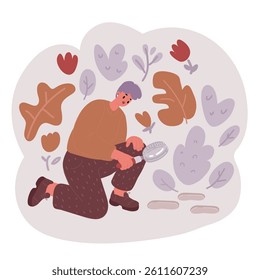 Cartoon vector illustration of Business woman is making observations with a magnifying glass.