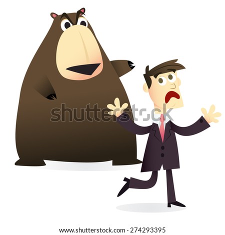 A cartoon vector illustration of a business/finance concept: A man afraid of the bear market.