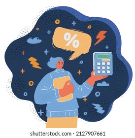 Cartoon vector illustration of Businessman and business woman with calculator. Profit, finances concept over dark backround.