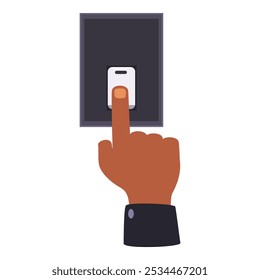 Cartoon vector illustration of a businessman hand turning on a light switch with its index finger