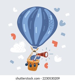 Cartoon vector illustration of Businessman looking through spyglass while he flying on airballon