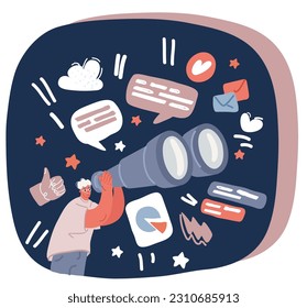 Cartoon vector illustration of Businessman looking through binocular and smiling over dark background