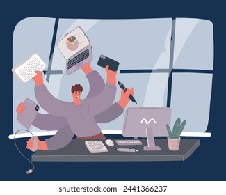 Ilustración vectorial de dibujos animados de hombre de negocios con habilidades multitarea trabajando en la oficina