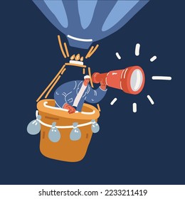 Cartoon vector illustration of Businessman on a balloon with spyglass over dark background