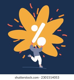 Cartoon vector illustration of Businessman run with small percent sign over dark background