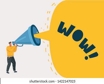 Cartoon Vector Illustration Of Businessman Speaking Through A Megaphone, Big Speech Bubble With Wow! Word Inside.