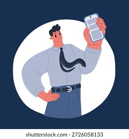 Cartoon vector illustration of Businessman using mobile phone. Man holding smartphone for business work over dark background