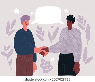 Cartoon vector illustration of Businessman and woman shake hands as hello in office closeup. Friend welcome, introduction, greet or thanks gesture, product advertisement, partnership 