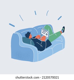 Cartoon vector illustration of businessman worker in the sofa using laptop