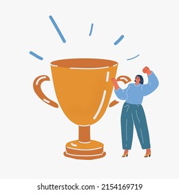 Cartoon vector illustration of Businesswoman to be number one with trophy