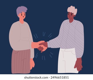 Cartoon vector illustration of Businesswoman and businessman handshake. Man and woman shaking hands in business deal and agreement over dark background