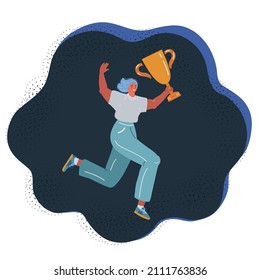 Cartoon vector illustration of Businesswoman celebrating and jumping with a trophy in her hands. Happy girl celebrating a victory over dark backround.