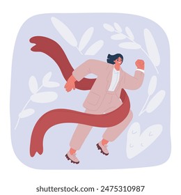 Cartoon vector illustration of Businesswoman running crossing red ribbon finish line celebrating success cheers