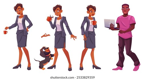 Cartoon vector illustration of businesswoman in various poses holding red cup with coffee, interacting with dog, and man with laptop. Business characters dressed in professional and casual outfits.