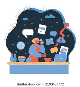 Cartoon vector illustration of Busy mother doing simultaneously many tasks, cooking, working and talking and on the phone at evening listening to a lecture at dark backround.