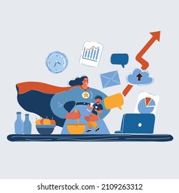 Cartoon vector illustration of Busy mother with baby, multitask working remotely, cooking. Motherhood superhero.
