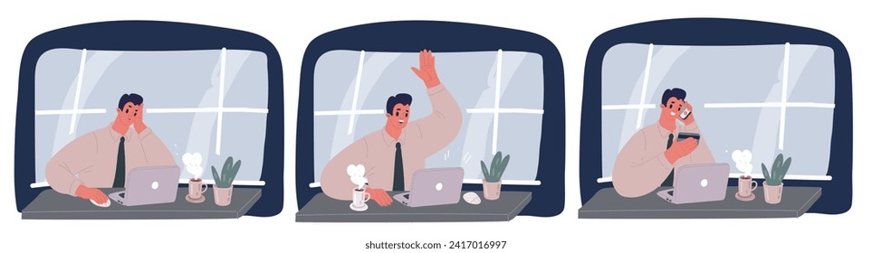 Ilustración vectorial de dibujos animados del conjunto de escenas de empleados de la oficina del hombre ocupado por Vector. Día de trabajo con sobrecarga estresante. Gestión del tiempo. Hombre del centro de llamadas de soporte que trabaja en escenarios de oficina sobre fondo oscuro