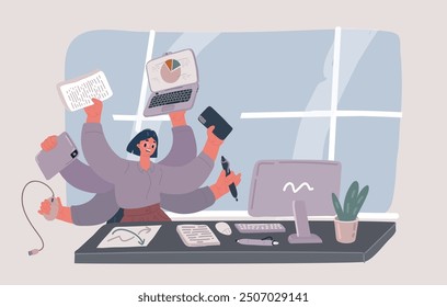 Cartoon vector illustration of Busy Young Smiling Businesswoman With Six Arms Doing Different Type Of Work In Office