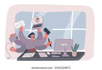 Ilustração vetorial de Busy Young Smiling Businesswoman With Six Arms Doing Different Type Of Work In Office. Jovem Empresária Sorridente Com Seis Braços Fazendo Um Tipo Diferente De Trabalho No Escritório