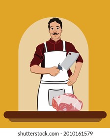 ilustración vectorial de dibujos animados, carnicero cortó la carne, carnicería, personaje de dibujos animados