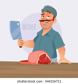 cartoon vector illustration, butcher cut the meat, butcher shop, cartoon character