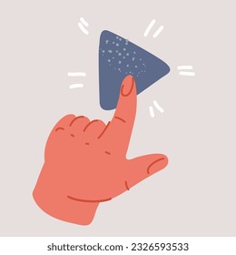 Cartoon vector illustration of Button video player with finger click button. Social media web button, channel video content.