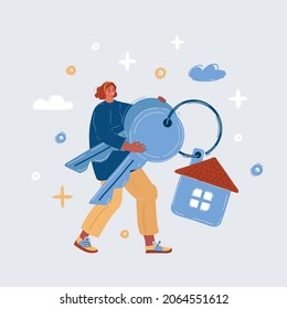 Cartoon vector illustration of Buying the house. Tiny woman holding a house key on white backround.