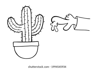 Dibujo vectorial de caricatura de cactus y espina, dedo sangrante. Color blanco y negro delineado.