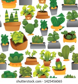 A cartoon vector illustration of cactuses and succulents plants in pots seamless pattern background.