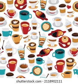 A cartoon vector illustration of cafe coffee cups and glasses seamless pattern background.