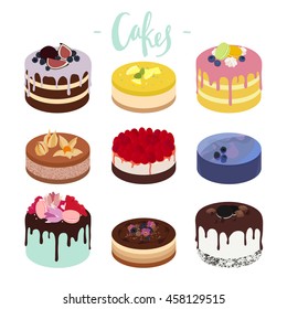 Cartoon Vector Illustration of Cakes. Modern Design of Cheesecakes with Berries, Glaze, Chocolate, Cookies, Macaroons, Jelly and Flowers. Isolated Icons for Holidays, Birthdays, Parties and Weddings.