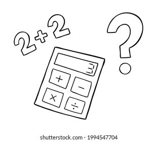 Cartoon vector illustration of calculator, wrong math and question mark. Black outlined and white colored.