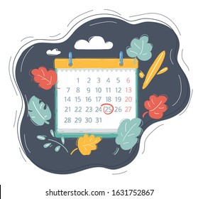 Cartoon vector illustration of calendar on dark background.