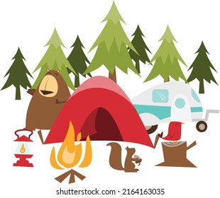 A cartoon vector illustration of camping in wilderness scene with a cute tent, bear and campfire.