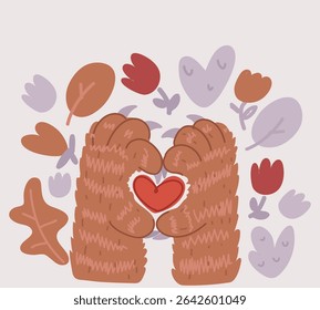 Cartoon vector illustration of can Paw Love with a heart-shaped frame